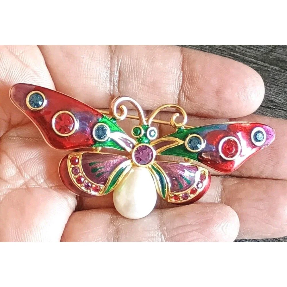 Joan Rivers Butterfly Red Green Purple Enamel Rhinestone Faux Pearl Brooch Vint